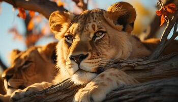 majestuoso leona descansando en el desierto, mirando a cámara pacíficamente generado por ai foto