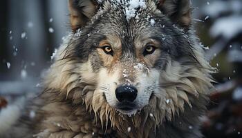 un linda nieve perro en el invierno bosque, mirando a usted generado por ai foto