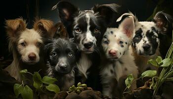 Cute puppy sitting, looking at camera, surrounded by fluffy friends generated by AI photo
