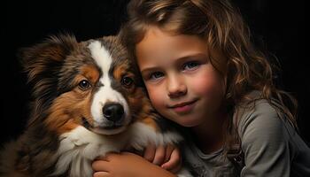 Cute dog, small child, smiling, looking, friendship, purebred puppy generated by AI photo