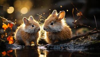 linda pequeño Conejo sentado por el estanque, disfrutando el verano generado por ai foto