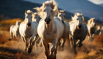 Running horses graze in a meadow, showcasing nature beauty generated by AI photo