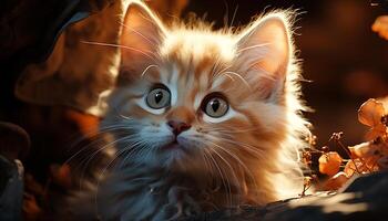 Cute kitten sitting in grass, looking at camera with playful eyes generated by AI photo