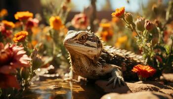 A cute iguana in the wild, looking at a small flower generated by AI photo