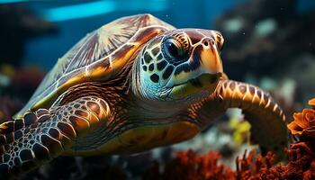 A slow swimming turtle in the underwater reef, a beauty generated by AI photo