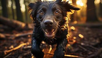 Cute puppy sitting in the forest, looking at the camera generated by AI photo
