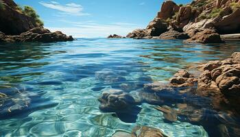 Tranquil scene of a summer coastline, a natural beauty reflection generated by AI photo