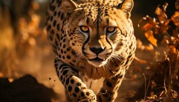 Majestic cheetah walking in African savannah, staring into wilderness beauty generated by AI photo