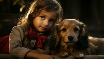 Cute dog, child, portrait, animal, small, smiling, puppy, girls, childhood, friendship generated by AI photo