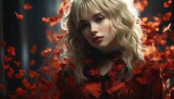 Beautiful blond woman with curly hair, looking at camera in autumn generated by AI photo