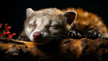 Cute small mammal, kitten, domestic cat, fluffy, eyes closed, sleeping generated by AI photo