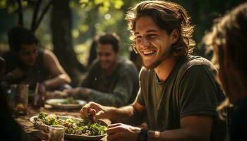 Smiling men enjoying food, friendship, and cheerful summer relaxation generated by AI photo