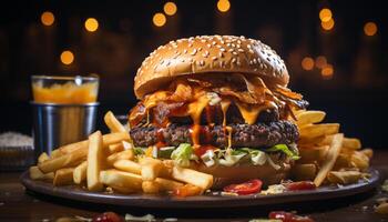 A la parrilla carne de vaca hamburguesa con papas fritas, queso, tomate en Fresco bollo generado por ai foto