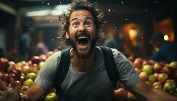 Smiling man holds apple, enjoying healthy lifestyle in city nature generated by AI photo