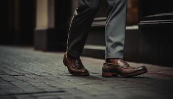 Well dressed businessman walking confidently in the city, wearing elegant shoes generated by AI photo