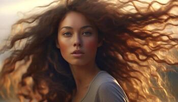 Young woman with long brown curly hair, looking at camera generated by AI photo