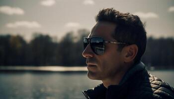 A fashionable man in sunglasses enjoys solitude by the water generated by AI photo