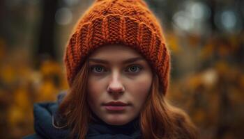 Smiling woman in warm clothing, looking at camera in autumn forest generated by AI photo