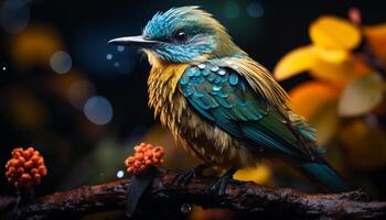 A vibrant bird perching on a branch in the tropical forest generated by AI photo