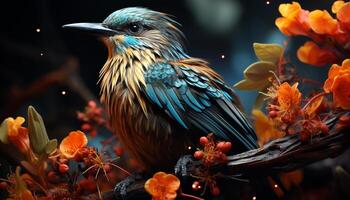 Animal perching on branch, nature beauty in vibrant colors generated by AI photo