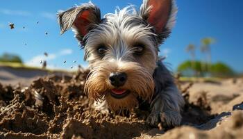A cute terrier puppy playing on the sandy beach in summer generated by AI photo