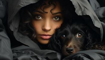 Cute dog looking at camera, small puppy, smiling, curly hair generated by AI photo