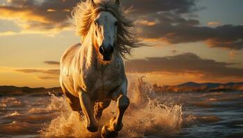 corriendo semental en el atardecer, exhibiendo el belleza de naturaleza generado por ai foto