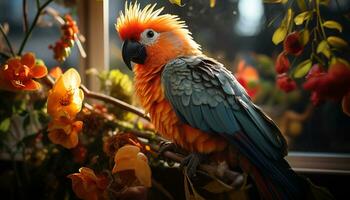 Vibrant macaw perching on branch, showcasing natural beauty and colors generated by AI photo