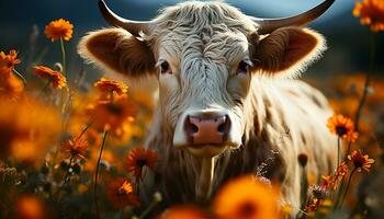 A cute cow grazes in a green meadow, enjoying nature generated by AI photo