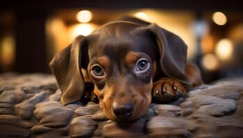 Cute puppy sitting, looking at camera, playful, small, furry friend generated by AI photo