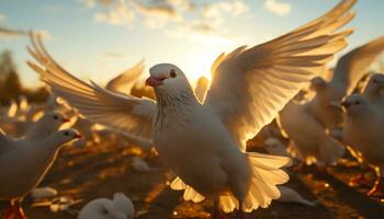 Seagull flying at sunset, spreading wings in tranquil summer sky generated by AI photo