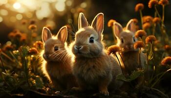 Cute rabbit in nature, young and fluffy, sitting on grass generated by AI photo