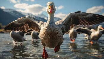 Nature beauty in motion Flying water birds reflect freedom generated by AI photo
