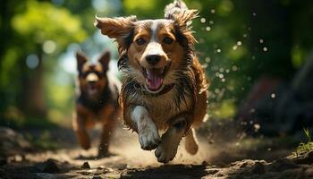 Cute puppy running in the grass, playing with wet terrier generated by AI photo