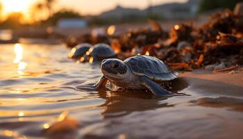 Tortuga gatea despacio en el mojado arena, disfrutando el puesta de sol generado por ai foto