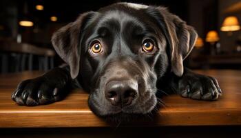 un linda perrito sentado adentro, mirando a el cámara generado por ai foto