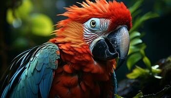 vibrante guacamayo encaramado en un rama, exhibiendo naturaleza vistoso belleza generado por ai foto