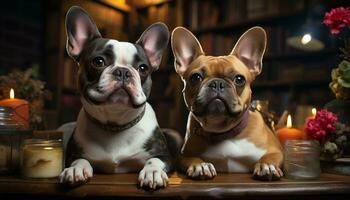 Cute bulldog puppy sitting on table, looking at camera indoors generated by AI photo