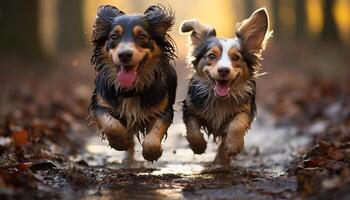 Cute puppy running in the wet forest, playing with happiness generated by AI photo