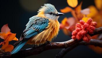 One vibrant bird perching on a branch, nature beauty showcased generated by AI photo