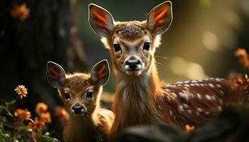 Cute mammal sitting in grass, looking at camera, innocent eyes generated by AI photo