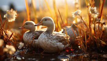 Nature beauty reflected in the pond, ducks quacking in harmony generated by AI photo