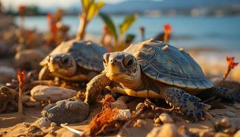 linda Tortuga gateando en arena, disfrutando el tropical puesta de sol generado por ai foto