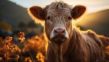 vaca pasto en un hermosa prado, bañado en dorado luz de sol generado por ai foto