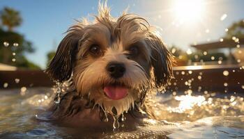 A cute wet puppy playing in the swimming pool generated by AI photo