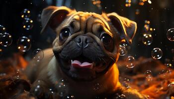 Cute small puppy, wet fur, playful, sitting, looking at camera generated by AI photo