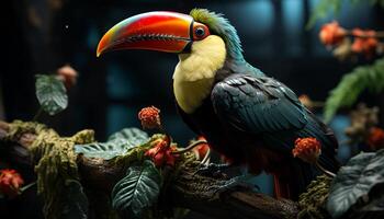 guacamayo encaramado en un rama, exhibiendo vibrante colores en naturaleza generado por ai foto