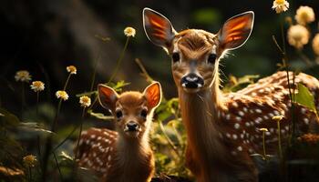 Cute deer standing in meadow, looking at camera, surrounded by nature generated by AI photo