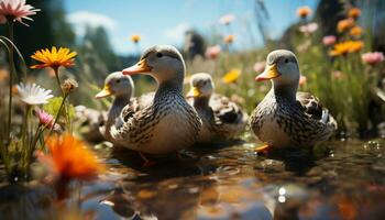 naturaleza belleza pato real Pato graznando en un Fresco agua estanque generado por ai foto