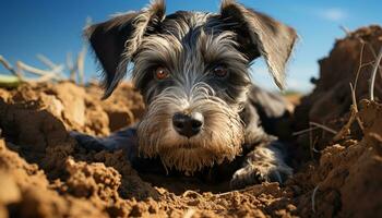 Cute terrier puppy looking at camera, playful in the grass generated by AI photo